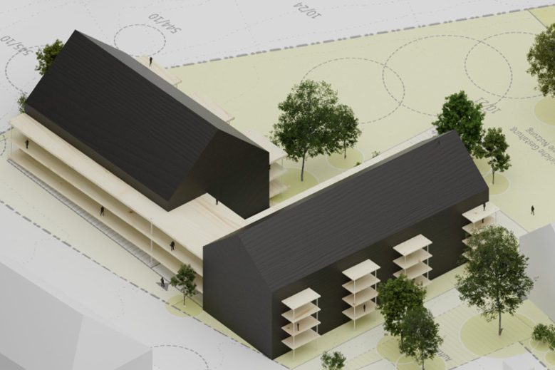 Skizze eines Wohngebiets mit abgesteckten Parzellen und angrenzendem Park.