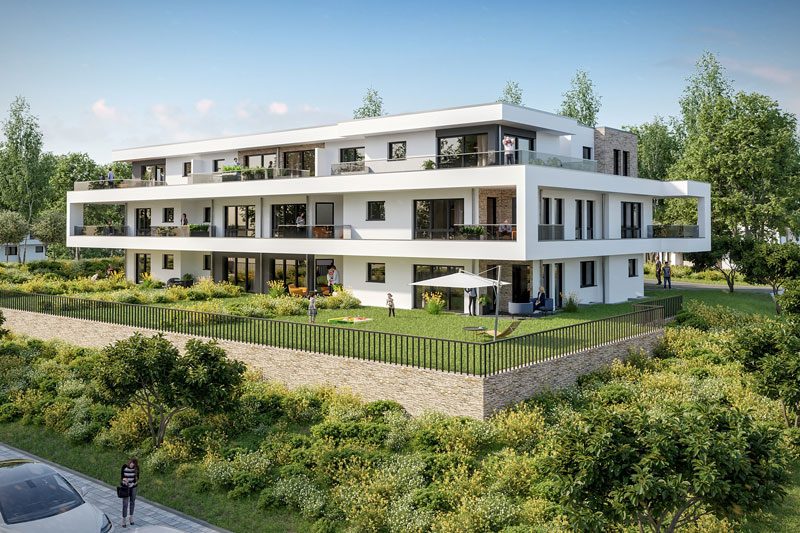 Moderne Wohngebäude am Ufer eines ruhigen Gewässers mit reflektierenden Wasserflächen.