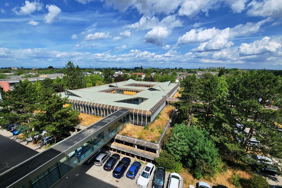 Moderne Wohngebäude mit Holzelementen und großen Fenstern in einem grünen Umfeld.