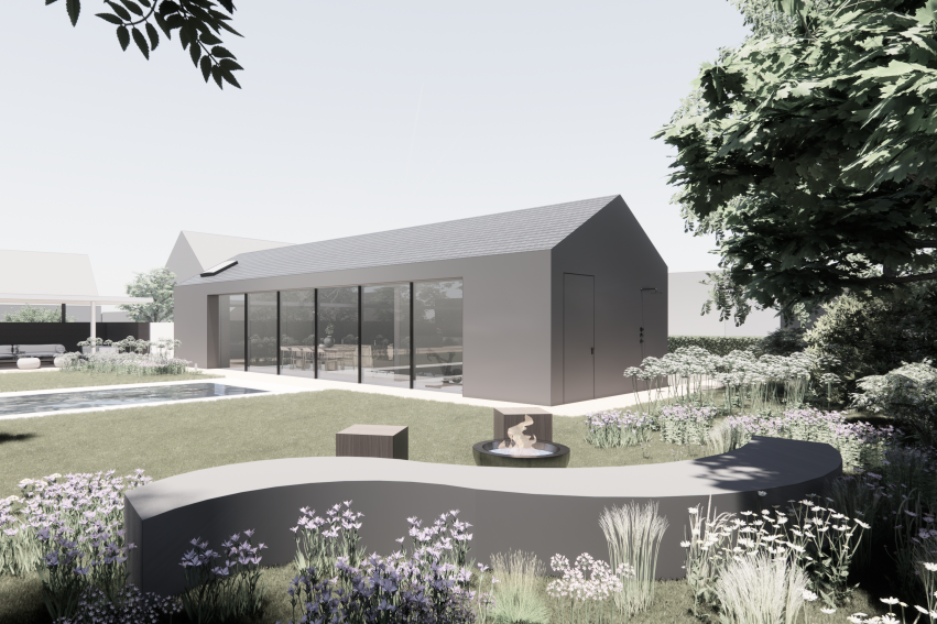 Moderne Wohnhausarchitektur mit großem Glasfenster und umgebender Landschaft.